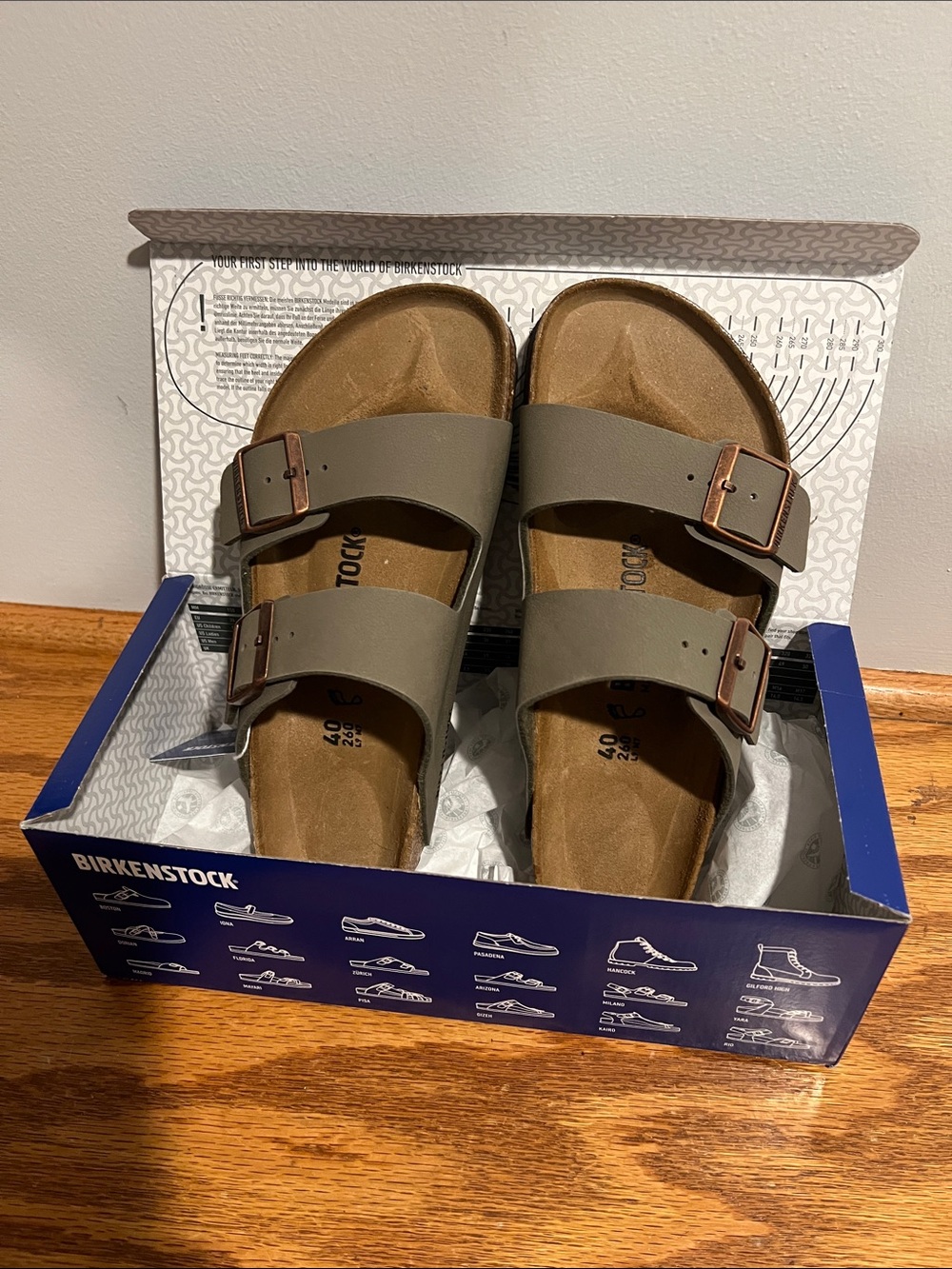 Birkenstock Two-Strap Sandals in Olive Green with Brown Buckles